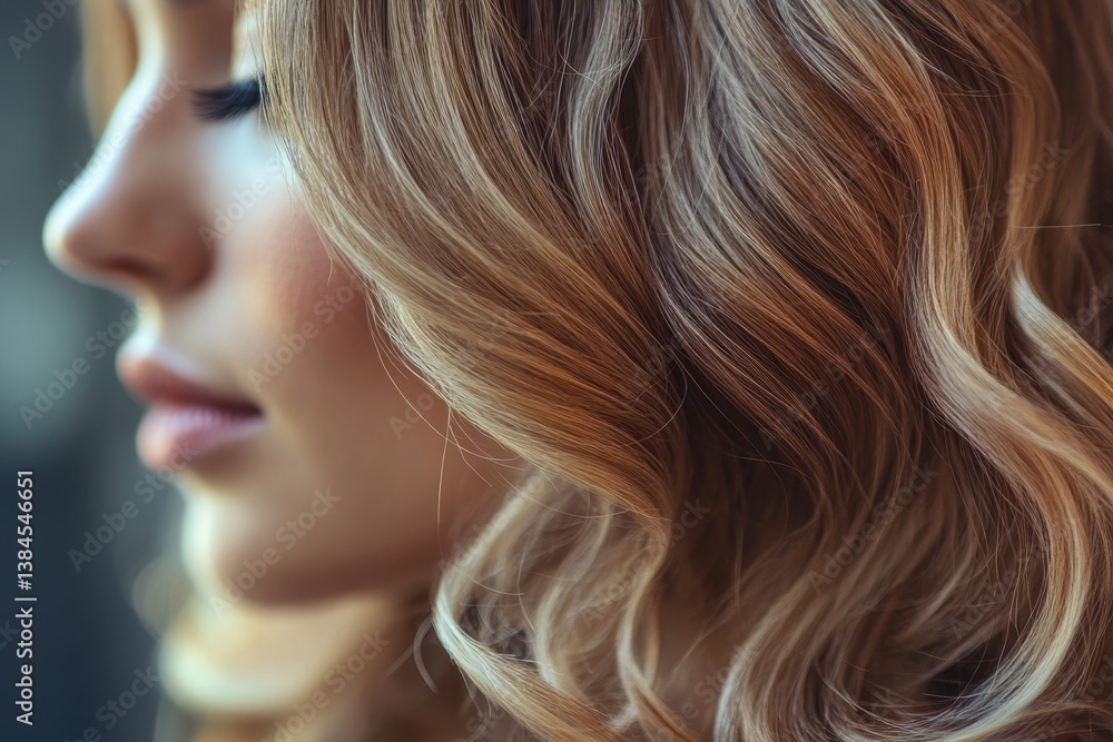Naklejka premium Profile of a beautiful woman with soft curly hair and smooth skin. Ideal for beauty ads, hair product promotions and healthy lifestyle blogs.