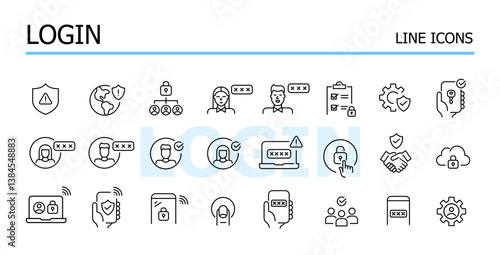 Login, password protected secure account and transactions. Vector icons set