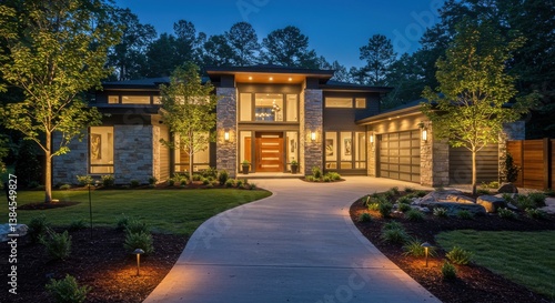 Illuminated modern home exterior with winding driveway and manicured landscaping at dusk or early evening