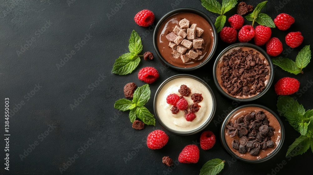 Gourmet Chocolate and Vanilla Dessert Cups with Fresh Raspberries and Mint Gourmet Chocolate and Vanilla Dessert Cups with Fresh Raspberries and Mint