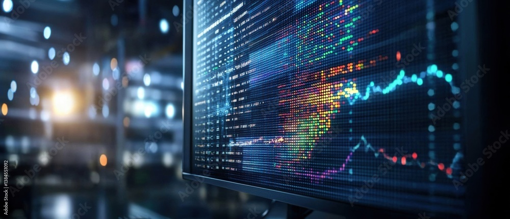 A close-up of a digital screen displaying colorful financial graphs and data in a modern, illuminated environment.