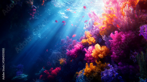 Underwater coral reef with sunlight shining through the water and colorful coral formations visible