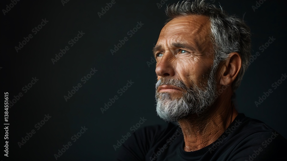 Pensive mature man with grey beard thoughtful gaze portrait A contemplative older gentleman looking away Pensive mature man with grey beard thoughtful gaze portrait A contemplative older gentleman looking away
