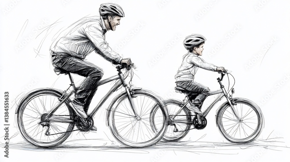 Fototapeta premium Sketch of a father and son enjoying a bicycle ride together outdoors