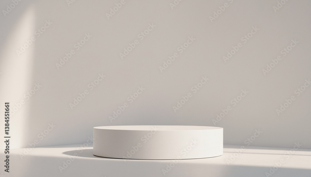 Minimalist white cylindrical platform in a sunlit room, ideal for product display or presentation. Premium photo mockup for product photography purposes. Minimalist white cylindrical platform in a sunlit room, ideal for product display or presentation. Premium photo mockup for product photography purposes.