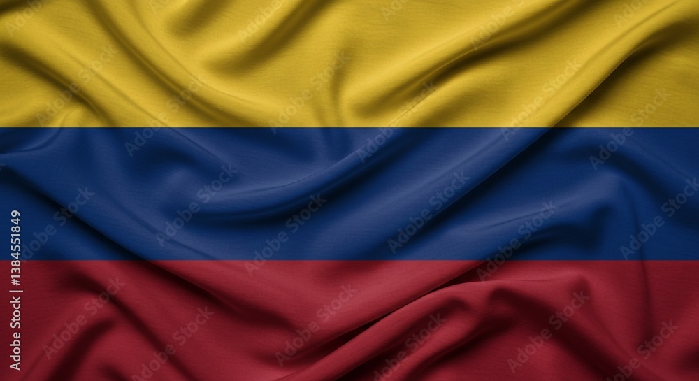 Fototapeta premium A vibrant horizontal tricolor of yellow (double width), blue, and red on a wavy fabric represents the national flag of Colombia