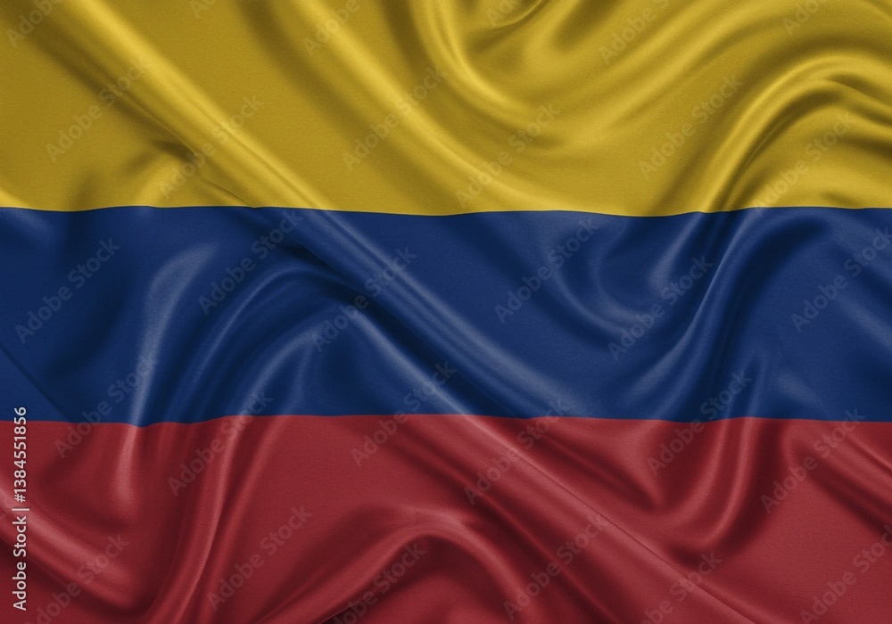 Fototapeta premium Featuring a vibrant horizontal tricolor of yellow (double width), blue, and red on a wavy fabric is the national flag of Colombia