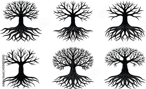 Big tree root silhouette black vector art design on white background