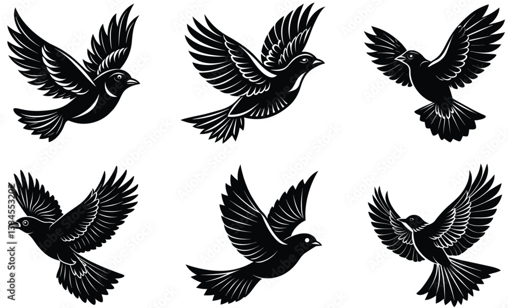 Bird in flight silhouette black vector art design on white background Bird in flight silhouette black vector art design on white background