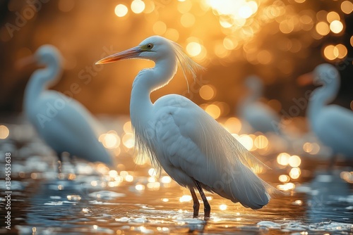 Elegant white bird wading through shimmering water.