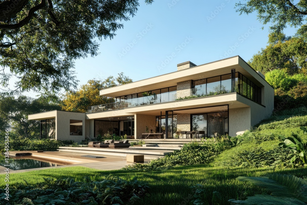 Modern hillside home with infinity pool, expansive glass windows, and lush landscaping. Modern hillside home with infinity pool, expansive glass windows, and lush landscaping.
