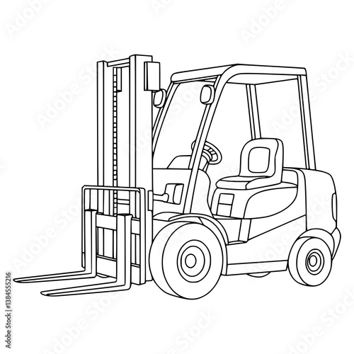 Specialized machines, emergency vehicles drawing for coloring book. Yellow forklift lifting cargo boxes in an industrial warehouse setting