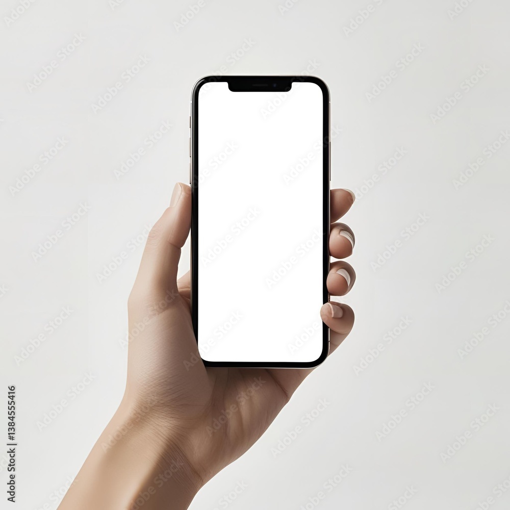 Front view of Hand holding smartphone mockup, blank white screen, modern device, minimalist, isolated on white background Front view of Hand holding smartphone mockup, blank white screen, modern device, minimalist, isolated on white background