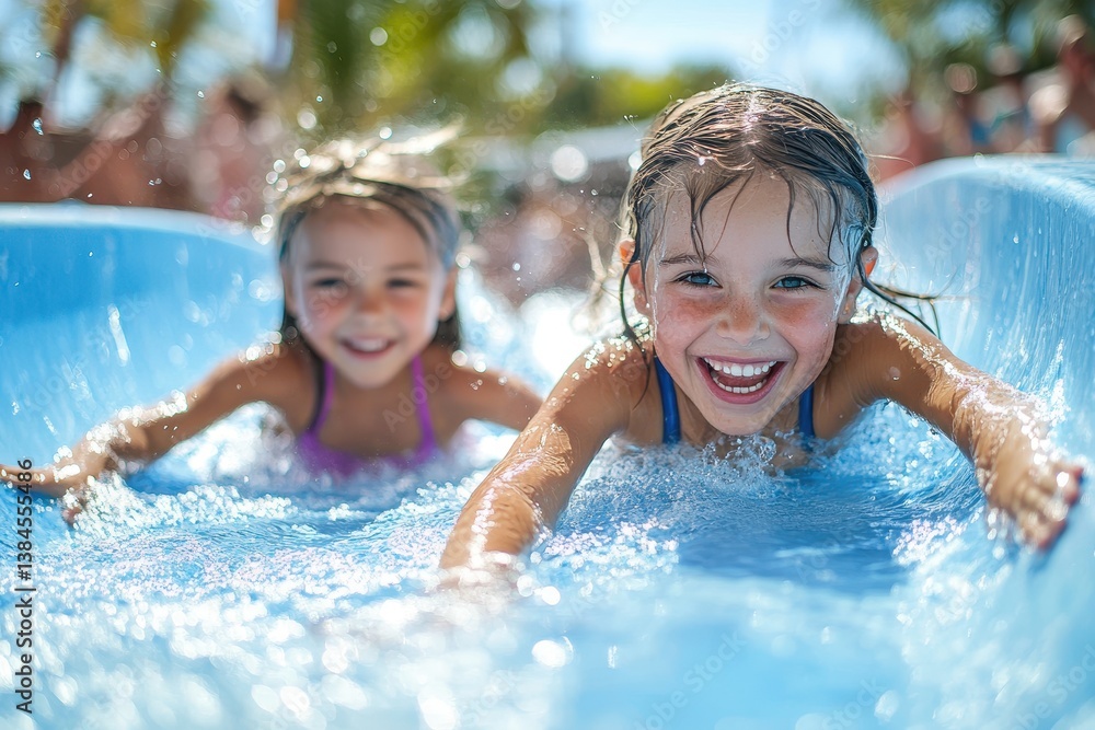 Two girls laughing ride a blue water slide, eyes wide with joy. Perfect image for summer vacation ads and family travel blogs. Two girls laughing ride a blue water slide, eyes wide with joy. Perfect image for summer vacation ads and family travel blogs.