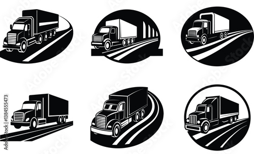 Cargo truck driving on highway silhouette black vector art set design