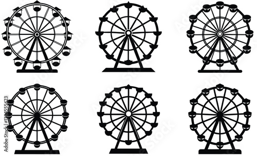Carnival ferry wheel silhouette black vector art design set