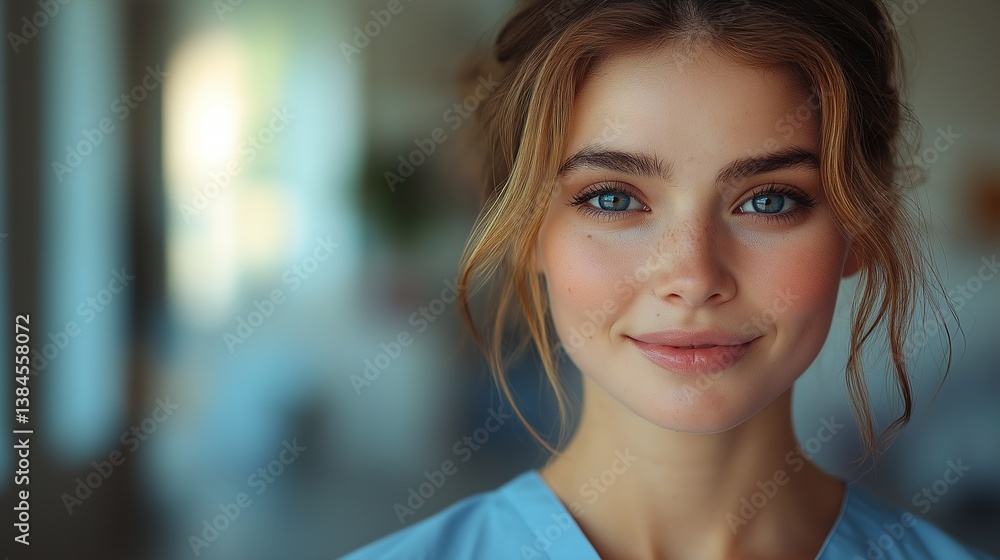 Young nurse with warm expression, soft light, blurred medical background, conveying care and professionalism. Young nurse with warm expression, soft light, blurred medical background, conveying care and professionalism.