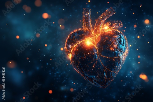 Abstract Heart With Veins Glowing In Dark Blue Space Background With Bokeh Effect