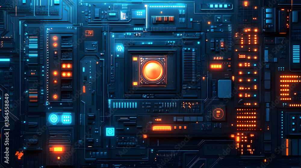 Detailed Motherboard Circuitry with Blue and Orange Lights Futuristic Tech Design Computer System Hardware and Innovative Engineering Detailed Motherboard Circuitry with Blue and Orange Lights Futuristic Tech Design Computer System Hardware and Innovative Engineering
