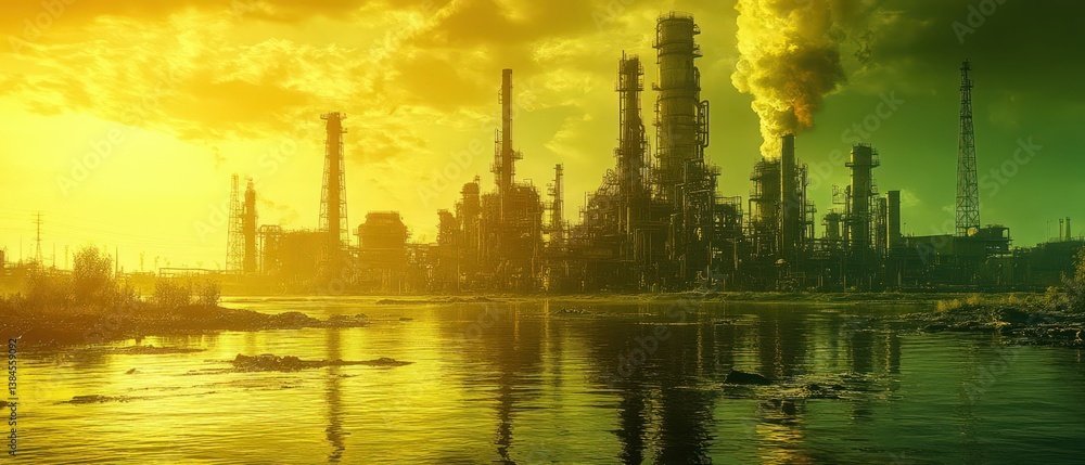 Industrial complex reflected in the golden water. Industrial complex reflected in the golden water.