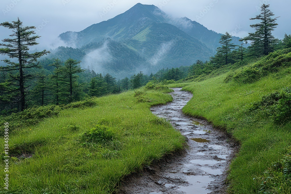 Fototapeta premium Mountain path winding through green grassy hillside.