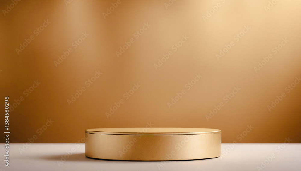 Gold cylinder podium sits on a white surface against a golden background. Premium photo mockup for product photography purposes. Gold cylinder podium sits on a white surface against a golden background. Premium photo mockup for product photography purposes.