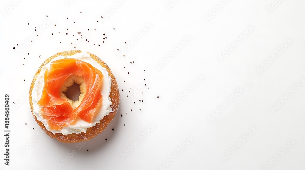 A vibrant National Bagel Day background featuring a toasted bagel with cream cheese and smoked salmon, macro shot, Minimalist style