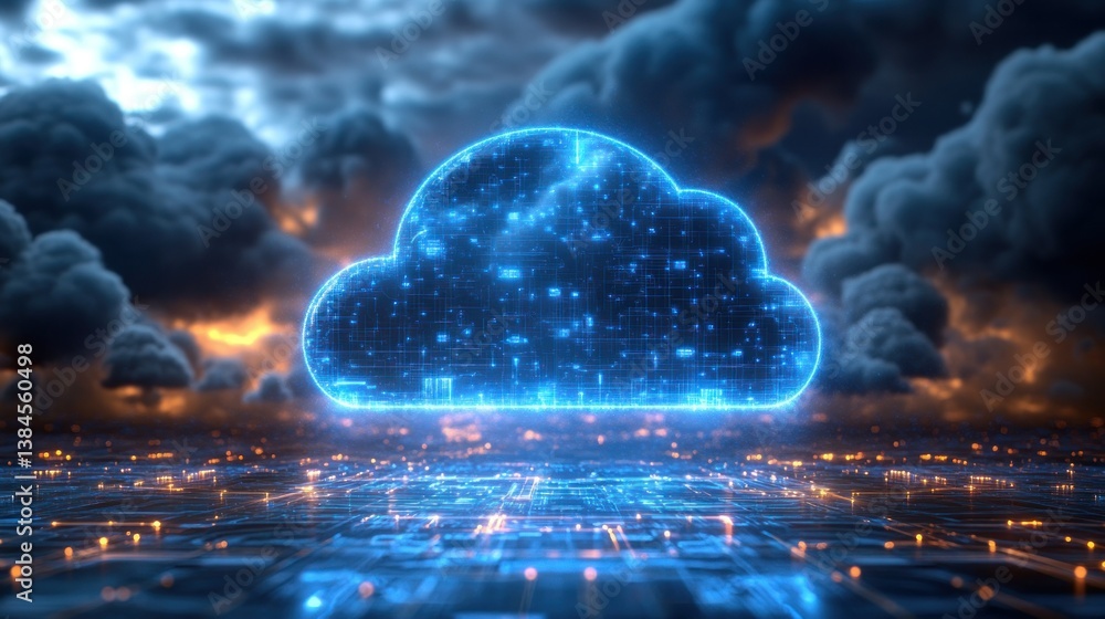 custom made wallpaper toronto digitalFuturistic cloud computing concept. A glowing, digital cloud graphic sits amidst a stormy, digital landscape, suggesting the power and vastness of cloud technology