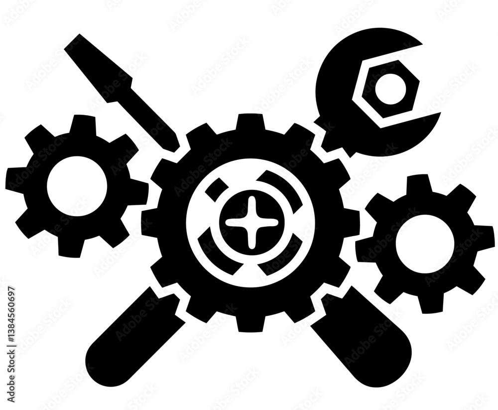 crossed screwdriver and wrench with surrounding gears and central screw icon , technical support, mechanical engineering, system maintenance, industrial repair, and technological tools crossed screwdriver and wrench with surrounding gears and central screw icon , technical support, mechanical engineering, system maintenance, industrial repair, and technological tools