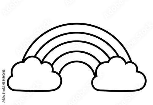 Black and white rainbow with clouds outline for kids coloring book page, symbolizing childhood imagination, learning, creativity, fun activity, weather theme, and early art development for preschool a