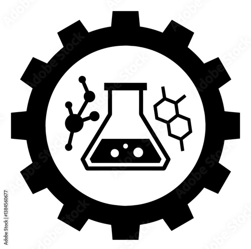 Gear with Flask, Molecular and Benzene Structure, Chemical Industry, Hydrocarbon Processing, Industrial Production. science, transformation of raw materials, rational chemical synthesis, innovation, m