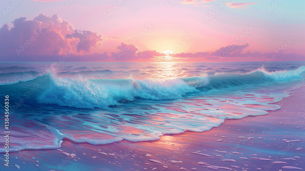 Obraz premium Calm ocean wave gently rolling towards the shore at sunset 