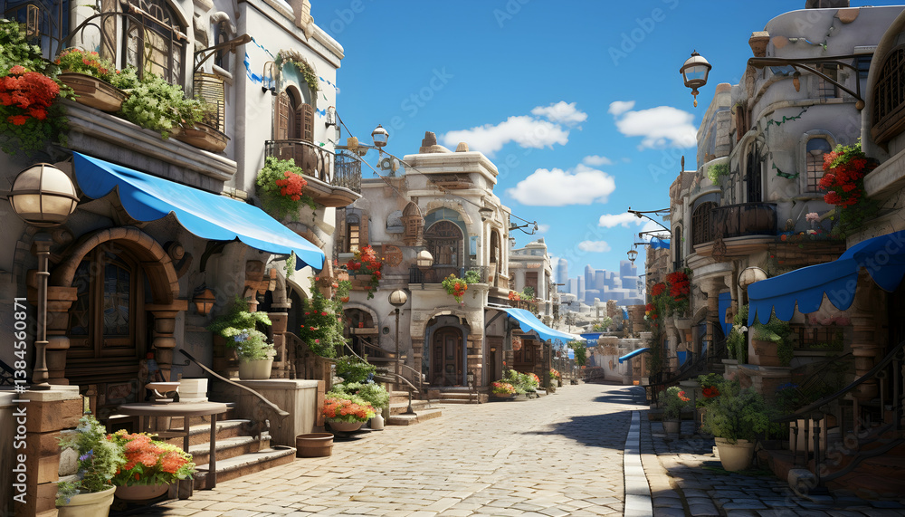 Fototapeta premium Sunny Day on a Quaint European Street with Cobblestone Pavement Blue Awning and Bright Flowers Basket in Pixel Art Style With Cityscape