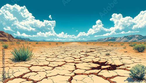 Wide Pixel Art Desert Landscape with Cracked Ground and Blue Sky Featuring Cumulus Clouds and Distant Mountain Range