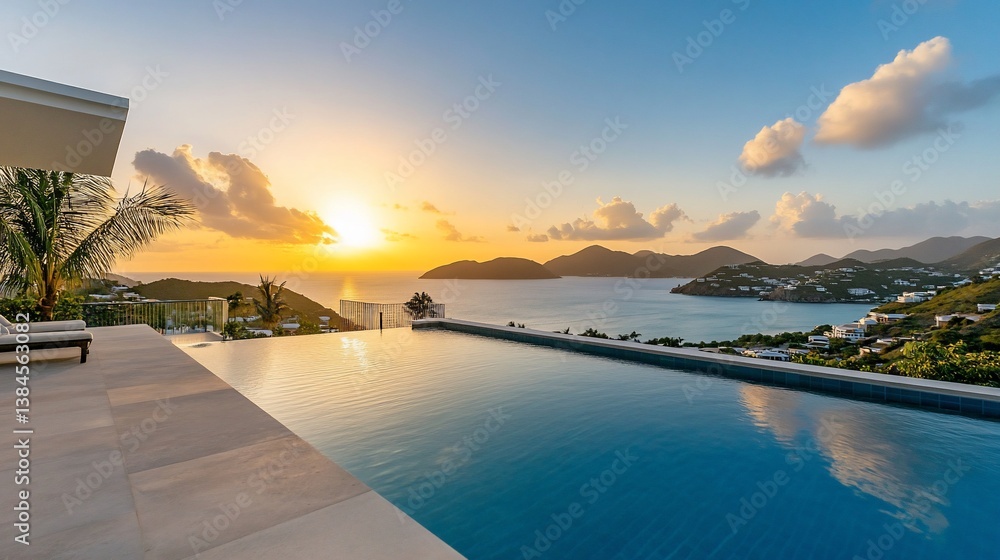 Fototapeta premium Luxurious villa infinity pool overlooking the caribbean sea at sunset