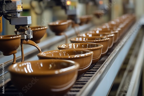 Ceramic Bowls on Factory Line Automation, Manufacturing Process, Glossy Texture, Focus Shot