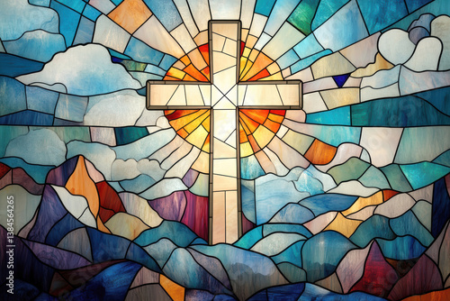 Cross in radiant light – Christian stained glass symbolizing faith, hope, and spirituality. AI generative.
