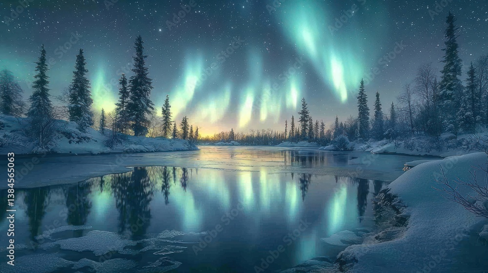 Fototapeta premium Scenic Northern Lights Display Reflected in Winter Lake at Night Time