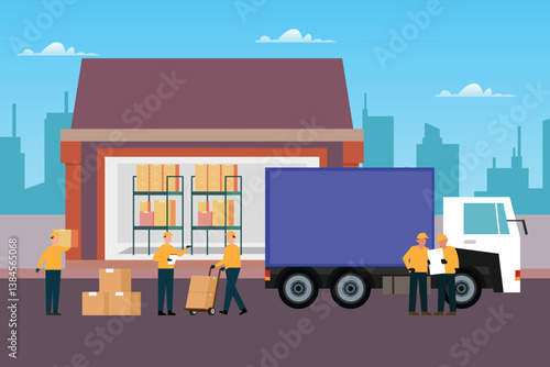 Vibrant 2D illustration depicting warehouse logistics
