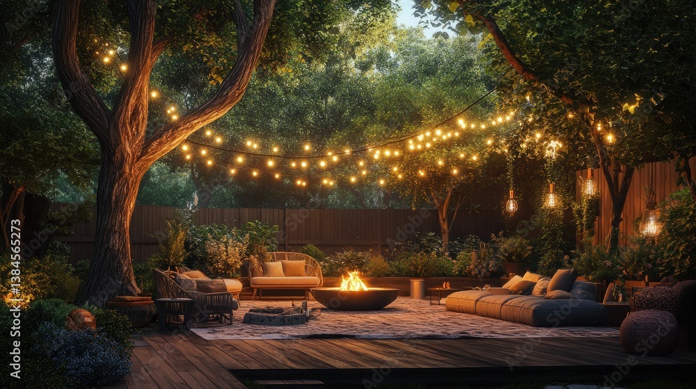 Obraz premium A beautifully decorated backyard with an outdoor seating area, string lights hanging from trees, a cozy fire pit, and a wooden deck.