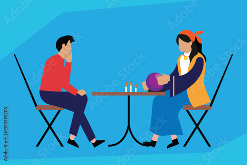 Vibrant 2D illustration depicting a fortune teller session