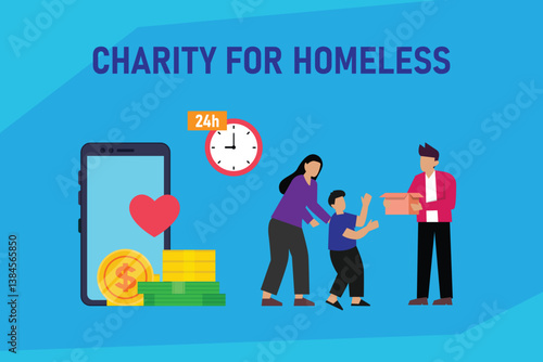 2D illustration depicting charity for the homeless online