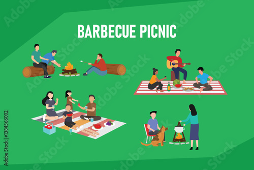 Vibrant 2D illustration depicting a barbecue picnic