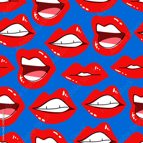 Wallpaper Mural Seamless Pattern of Red Glossy Lips Smiling Against Blue Background, wallpaper with hand drawn for banners, cards, flyers, social media wallpapers, etc. vector illustration Torontodigital.ca