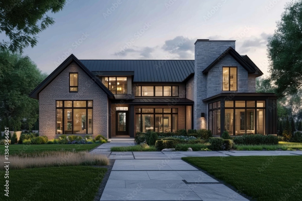 Stunning modern house design featuring large windows and elegant architecture at dusk in a serene neighborhood with lush landscaping Stunning modern house design featuring large windows and elegant architecture at dusk in a serene neighborhood with lush landscaping