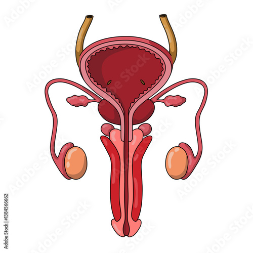 male reproductive organ anatomy illustration. Penis, testis, bladder seminal vesicle and prostate gland in human body. sexual organ anatomy. suitable for biology study or medical poster.