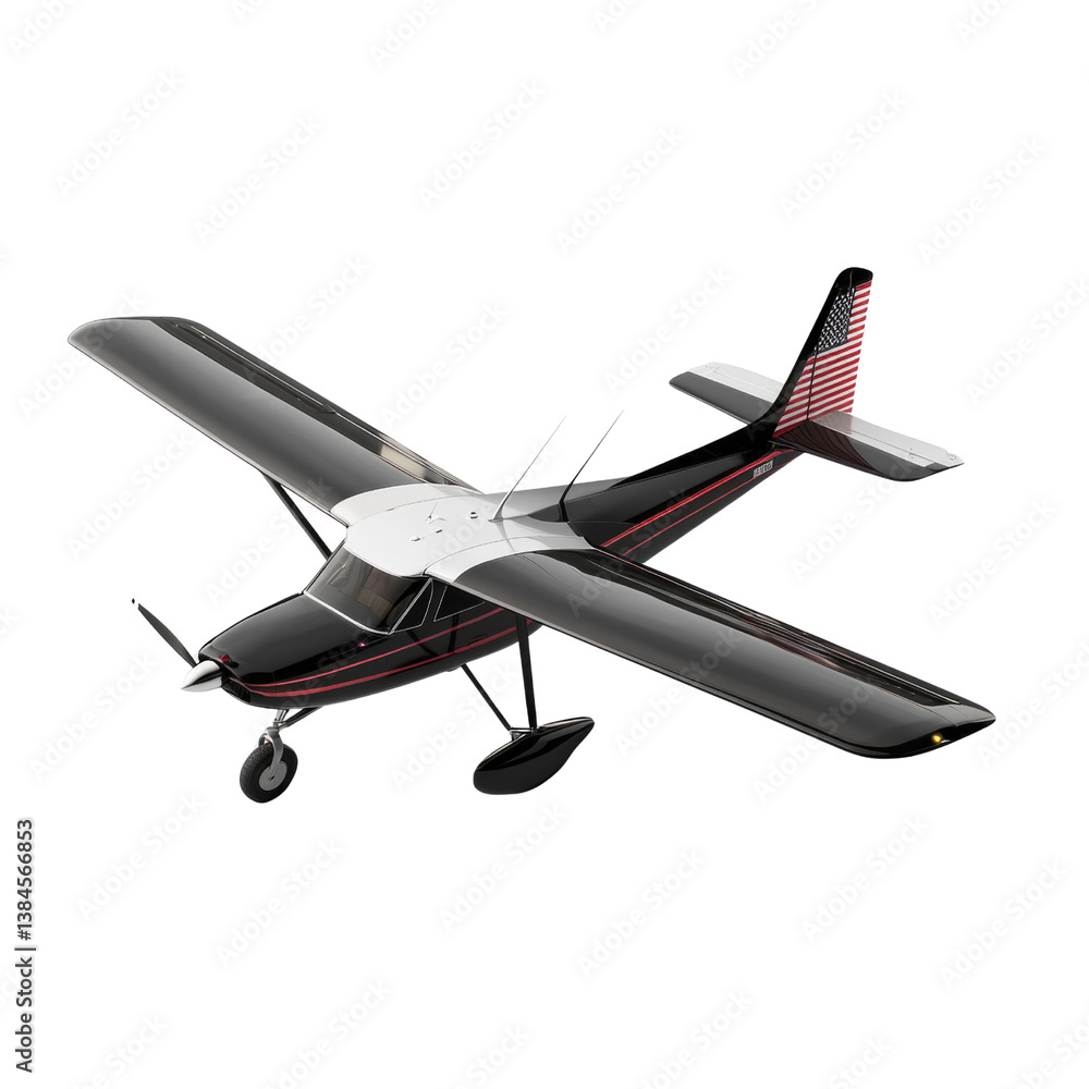 A small black and white airplane with a red stripe on the tail A small black and white airplane with a red stripe on the tail