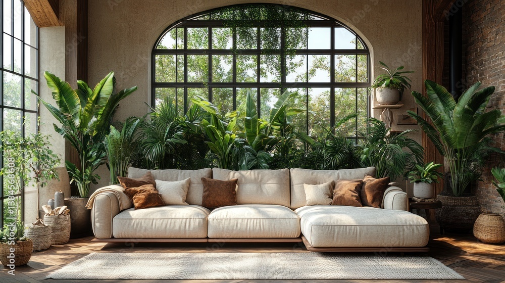Sunlit living room with large arched window, beige sectional sofa, and abundant tropical plants. Sunlit living room with large arched window, beige sectional sofa, and abundant tropical plants.