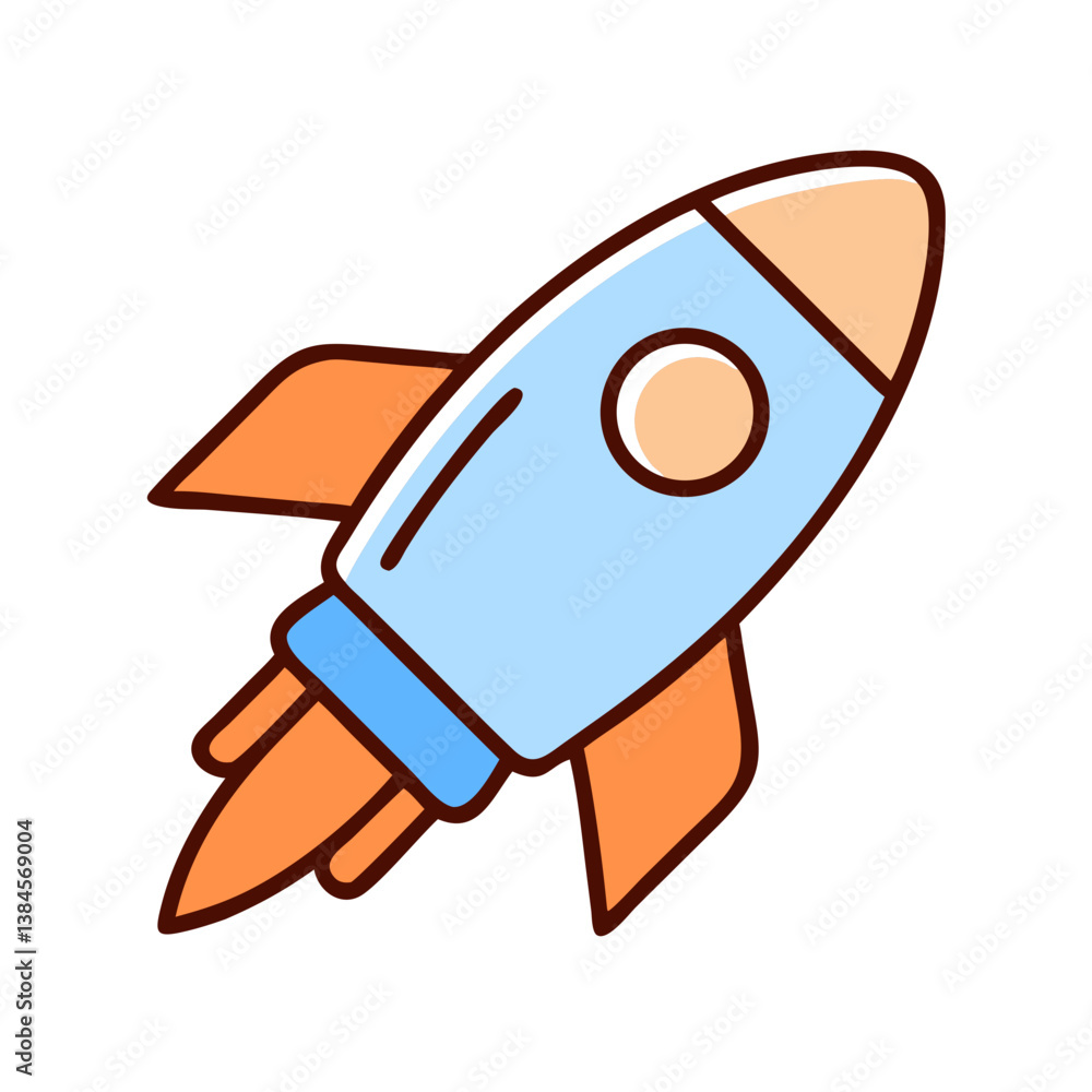 A light blue and orange cartoon rocket is depicted midflight, flames emanating from its base, suggesting speed and propulsion towards the cosmos. Simple design, playful style. A light blue and orange cartoon rocket is depicted midflight, flames emanating from its base, suggesting speed and propulsion towards the cosmos. Simple design, playful style.