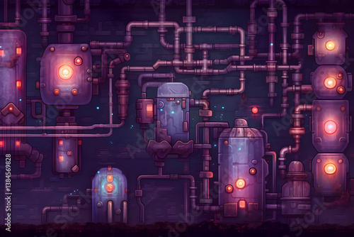 Detailed Pixel Art of Industrial Steampunk Machinery with Glowing Lights and Intricate Pipes in Dark Purple Tones and Red Accents